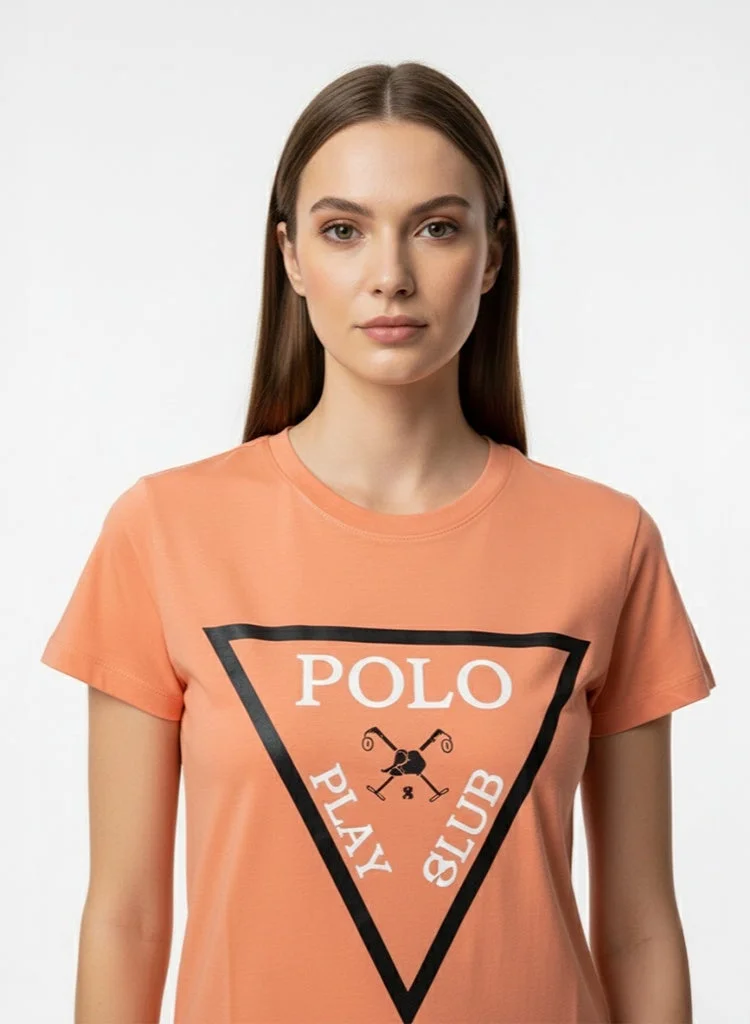 لعب البولو تيشيرت نسائي برسومات برتقالي